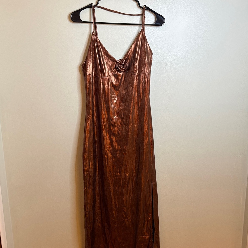 Copper Slip Maxi Dress with Rose Accent